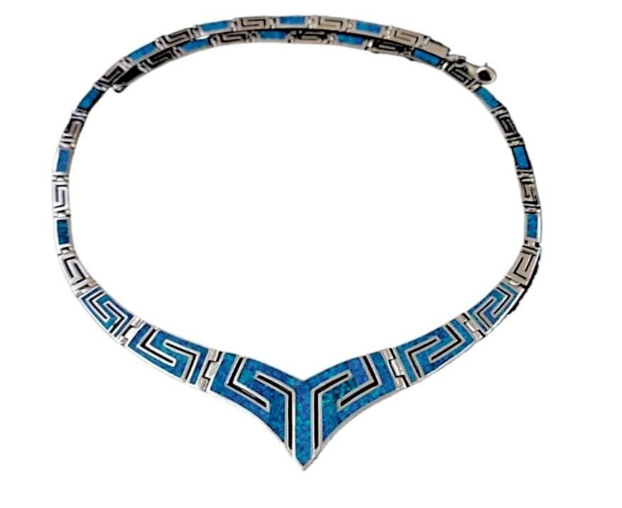 Sterling Silver Blue Opal Necklace, Greek Key V-Shape Meander Design