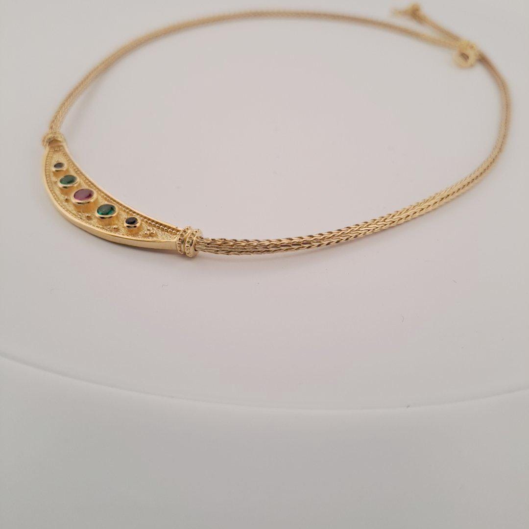Byzantine Necklace – Gold Plated Multicolor Gemstone Necklace with Greek Key Design