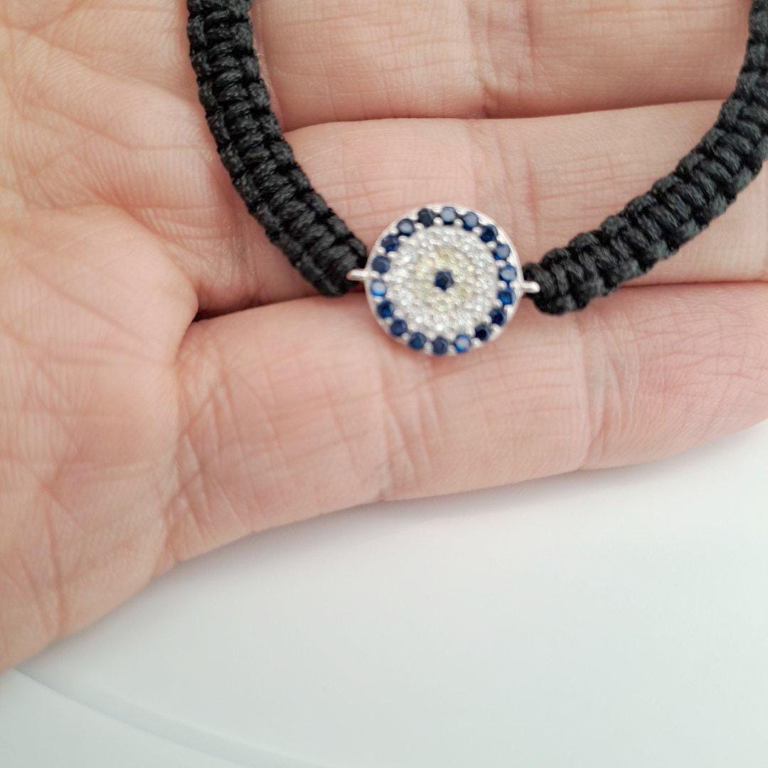 Evil Eye Bracelet - Black Woven Cord with Silver Charm & Blue Zircon Stones