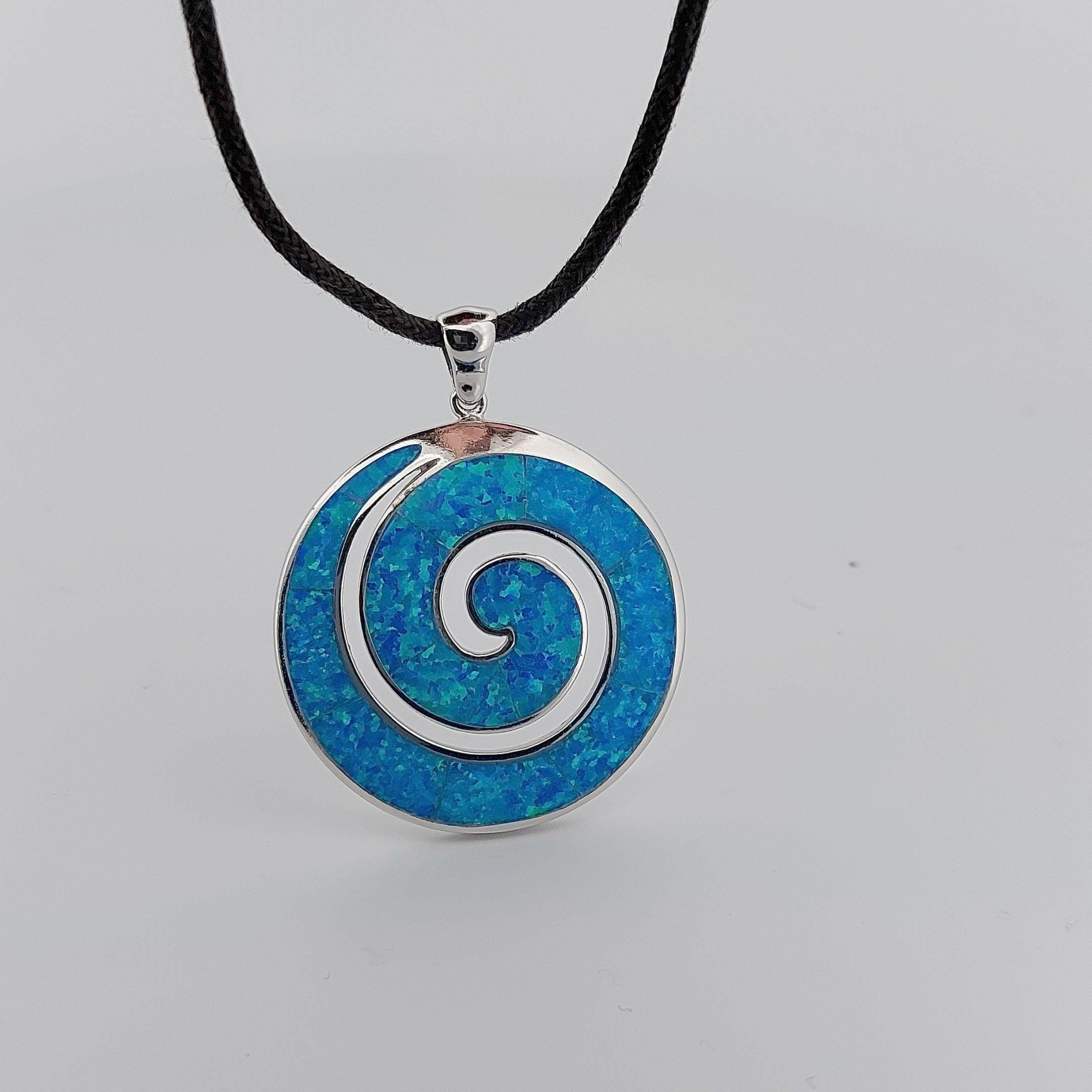 Blue Opal Sterling Silver Pendant: Greek Key Spiral Design