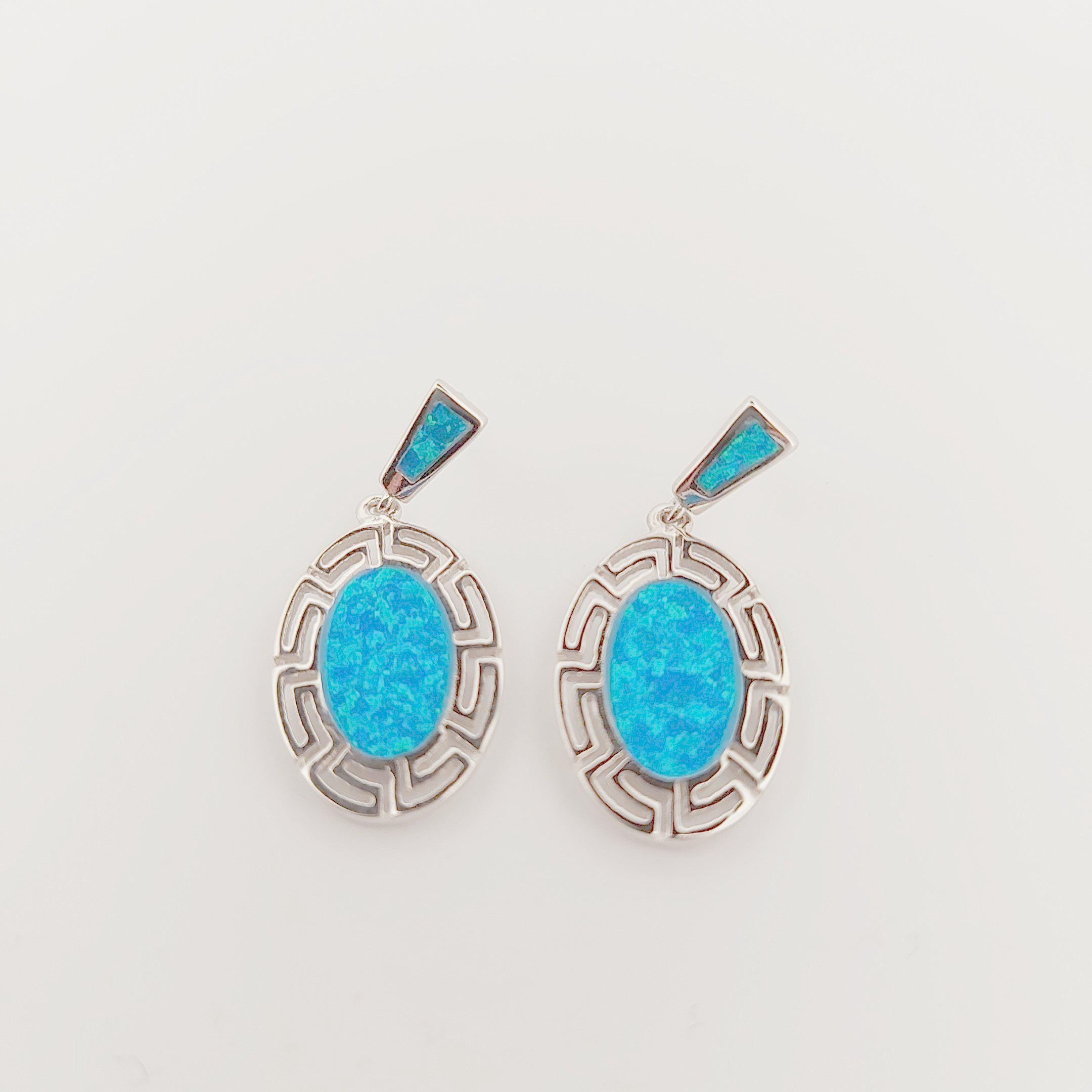 Greek Key Blue Opal Sterling Silver Dangle Earrings: Handmade in Greece