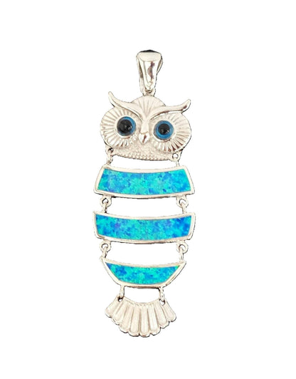 Blue Opal Owl Pendant: Sterling Silver 925, Artisan Crafted