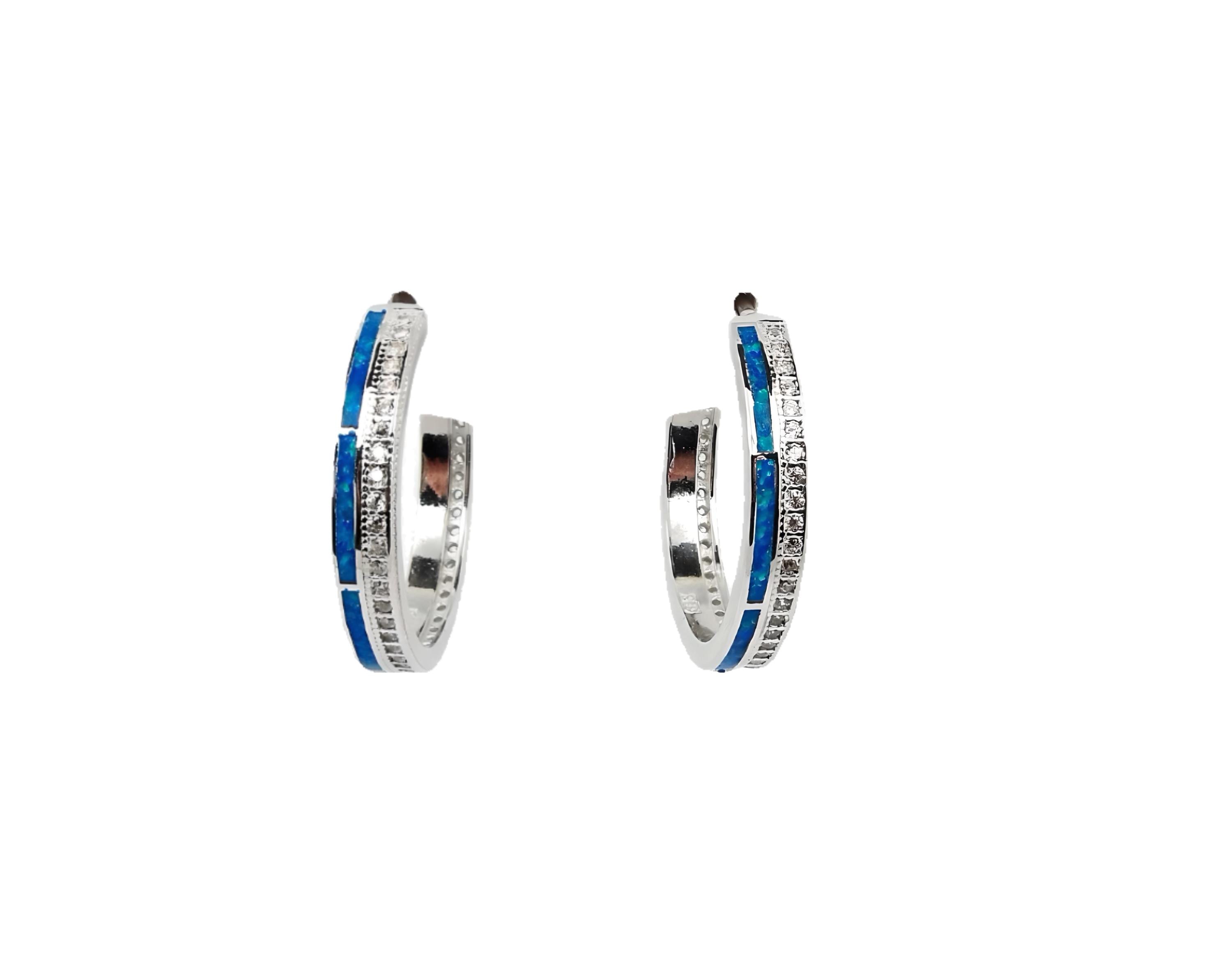 Blue Opal Sterling Silver Hoop Earrings: Greek Artisan Jewelry