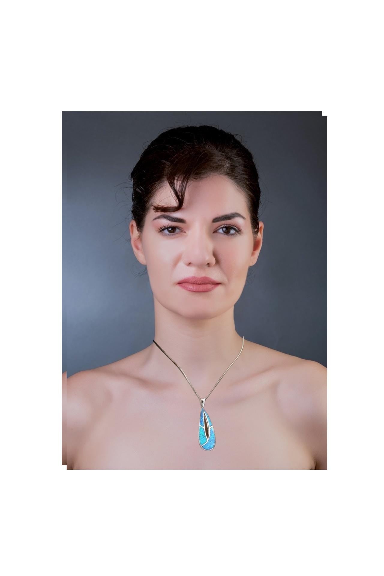 Blue Opal Olive Leaf Pendant: Sterling Silver Greek Design