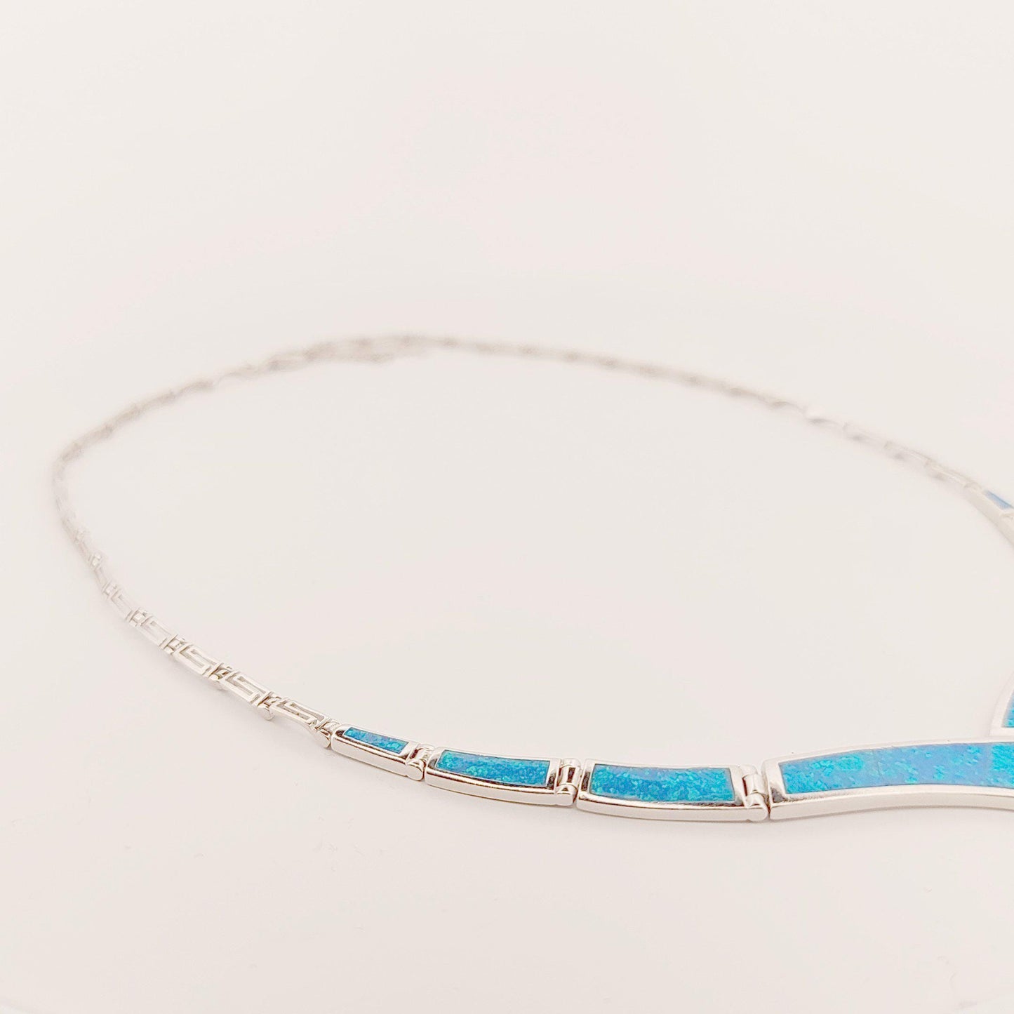 Sterling Silver 925 Blue Opal Collar Necklace, Greek-Inspired Design