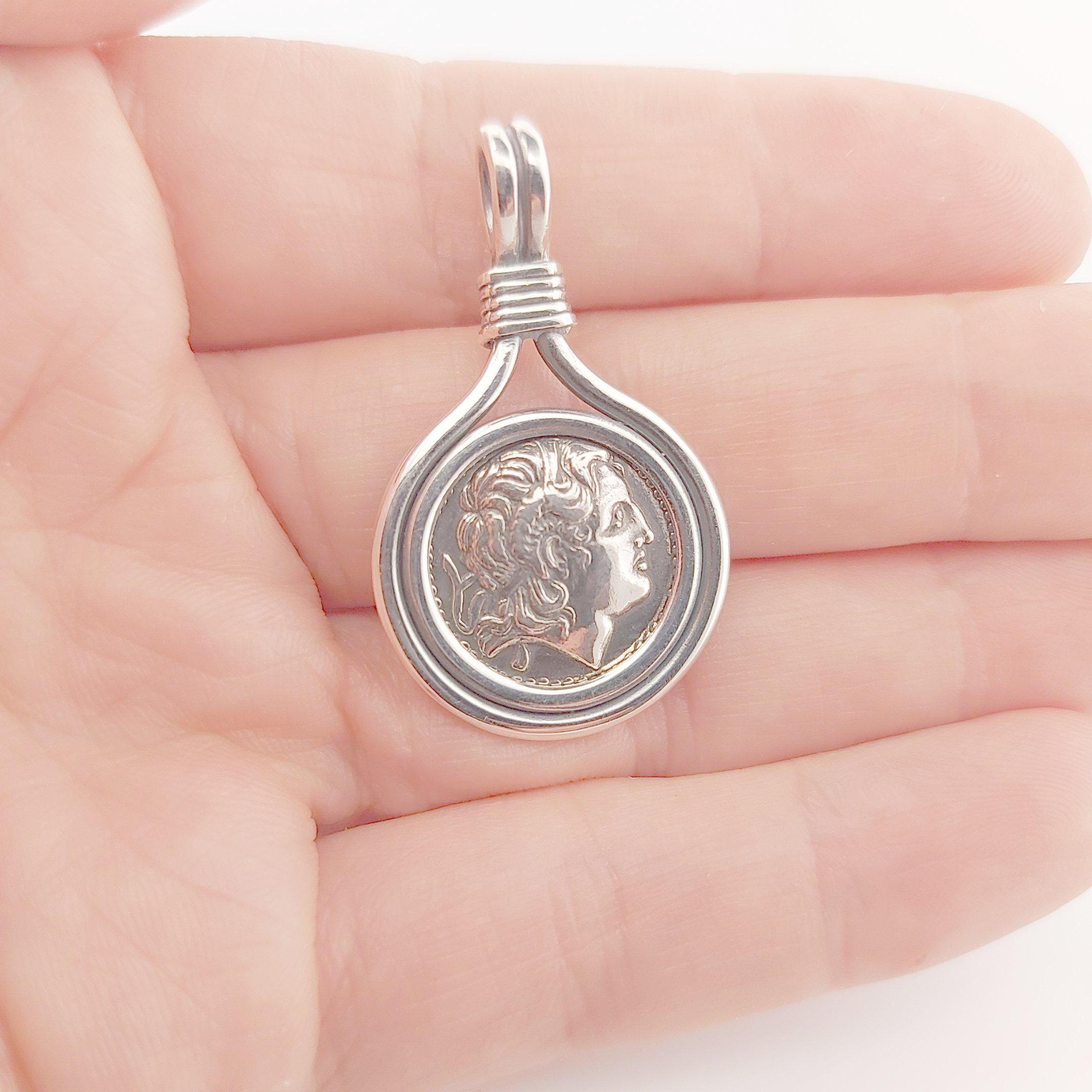 Alexander the Great Ancient Greek Silver Coin Pendant, Sterling Silver Frame Design