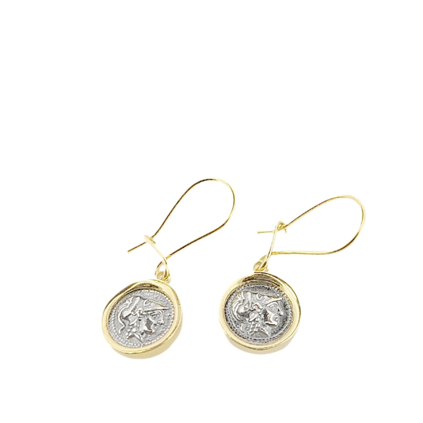 Greek Goddess Athena Dangle Earrings, Silver Gold Plated, Antique Coin Design, Greek Jewelry Motif