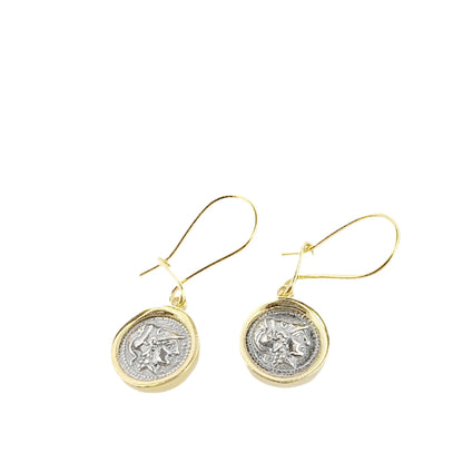 Greek Goddess Athena Dangle Earrings, Silver Gold Plated, Antique Coin Design, Greek Jewelry Motif