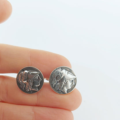 Sterling Silver 925 Ancient Greek Athena Coin Cufflinks, Round, Men's