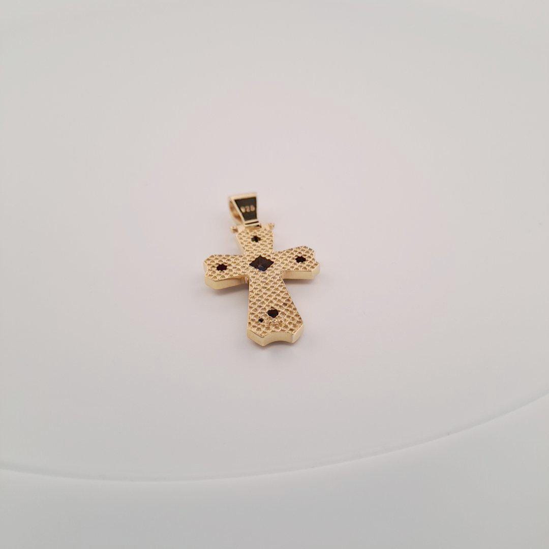 Gold Plated Cross Pendant – Byzantine Cross Jewelry with Blue Gemstone & Antique Style