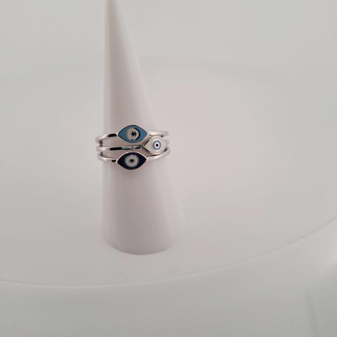 Silver Evil Eye Ring – Triple Band Stacked Multi Color Protective Jewelry