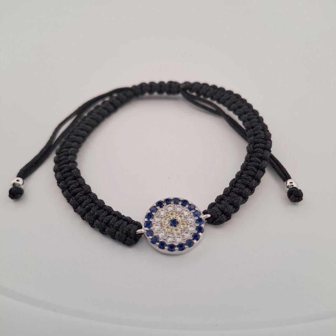 Evil Eye Bracelet - Black Woven Cord with Silver Charm & Blue Zircon Stones