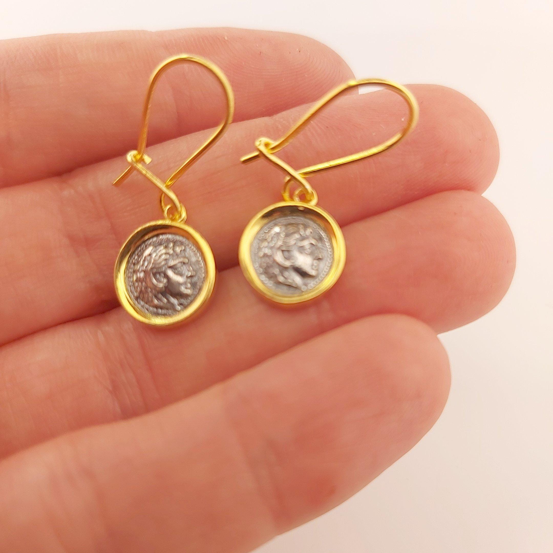 Hercules Coin Dangle Earrings, Silver Gold Plated, Greek Mythology