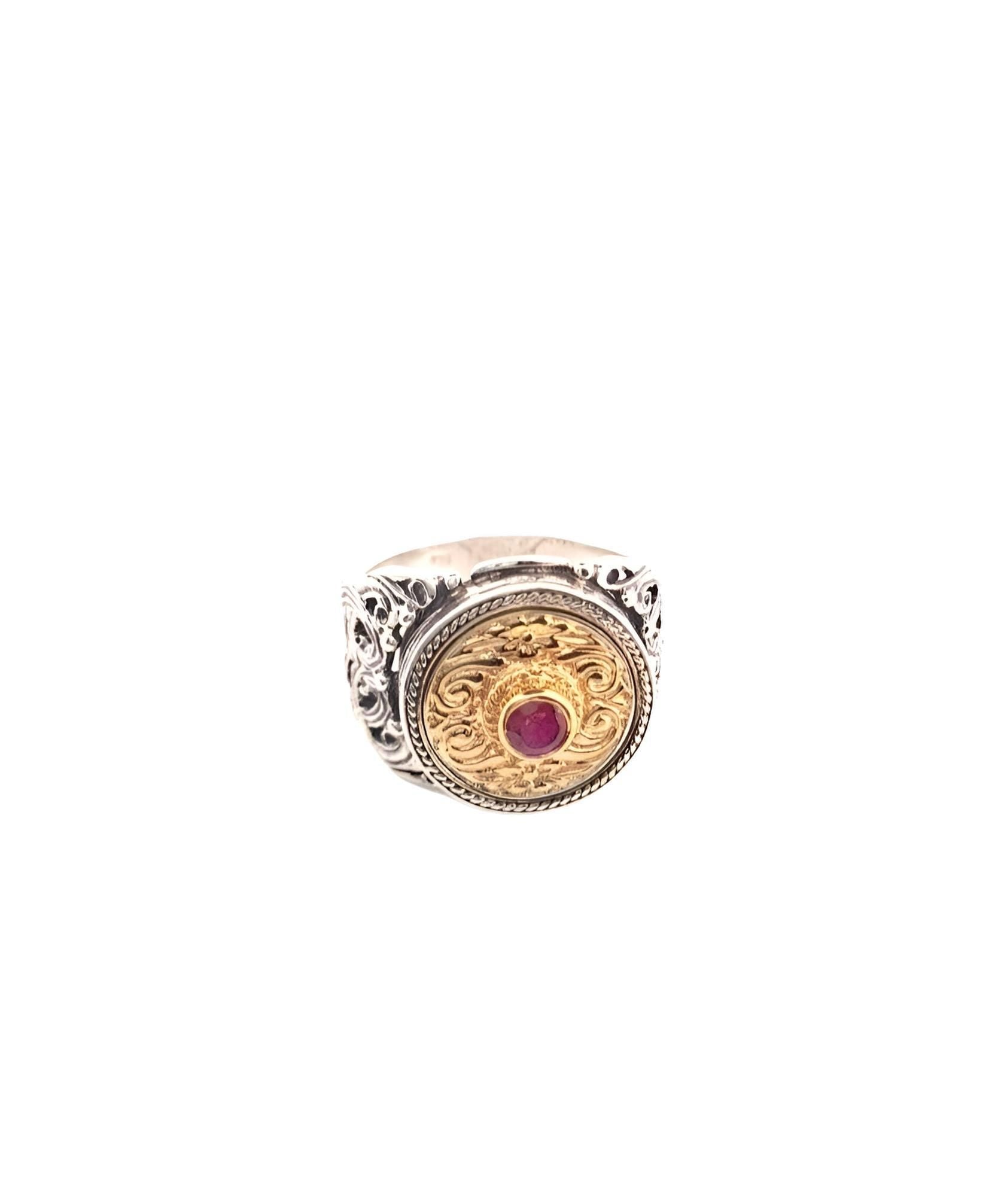 Byzantine Statement Ring – Gold Plated Ruby Gemstone Sterling Silver Band