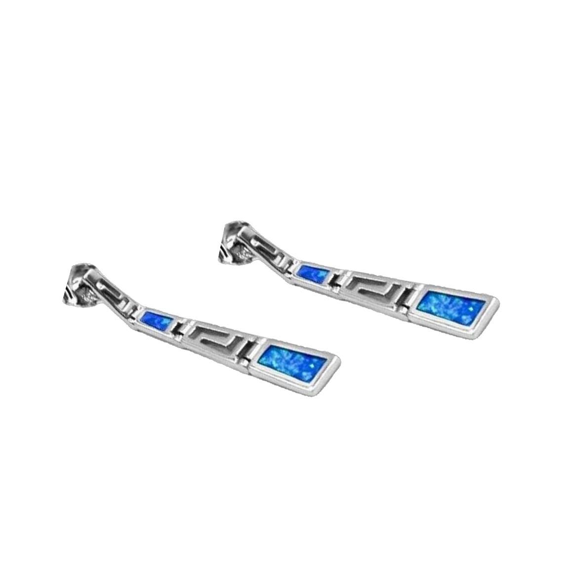 Blue Opal Greek Key Earrings: Sterling Silver Dangle Jewelry