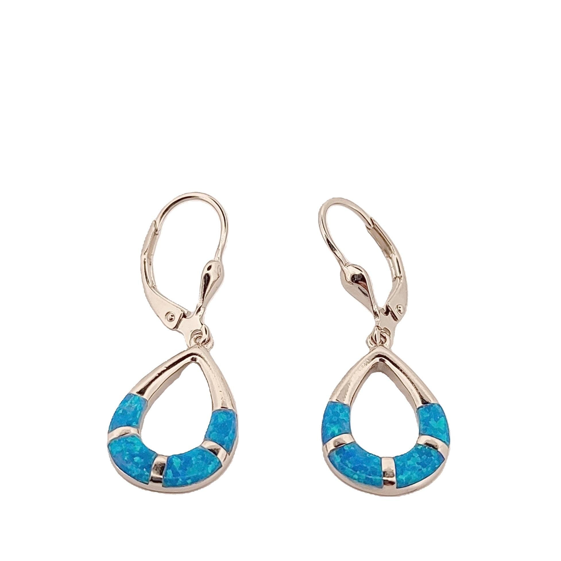 Blue Opal Sterling Silver Drop Earrings: Greek Style Dangle