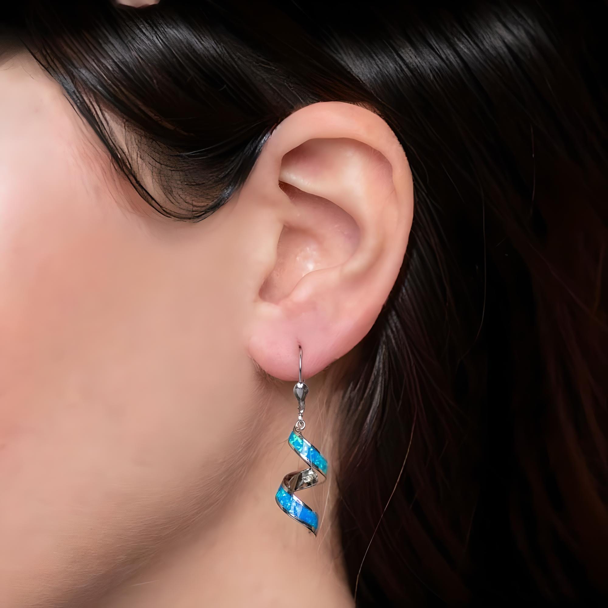 Sterling Silver Spiral Blue Opal Dangle Earrings, Greek Design