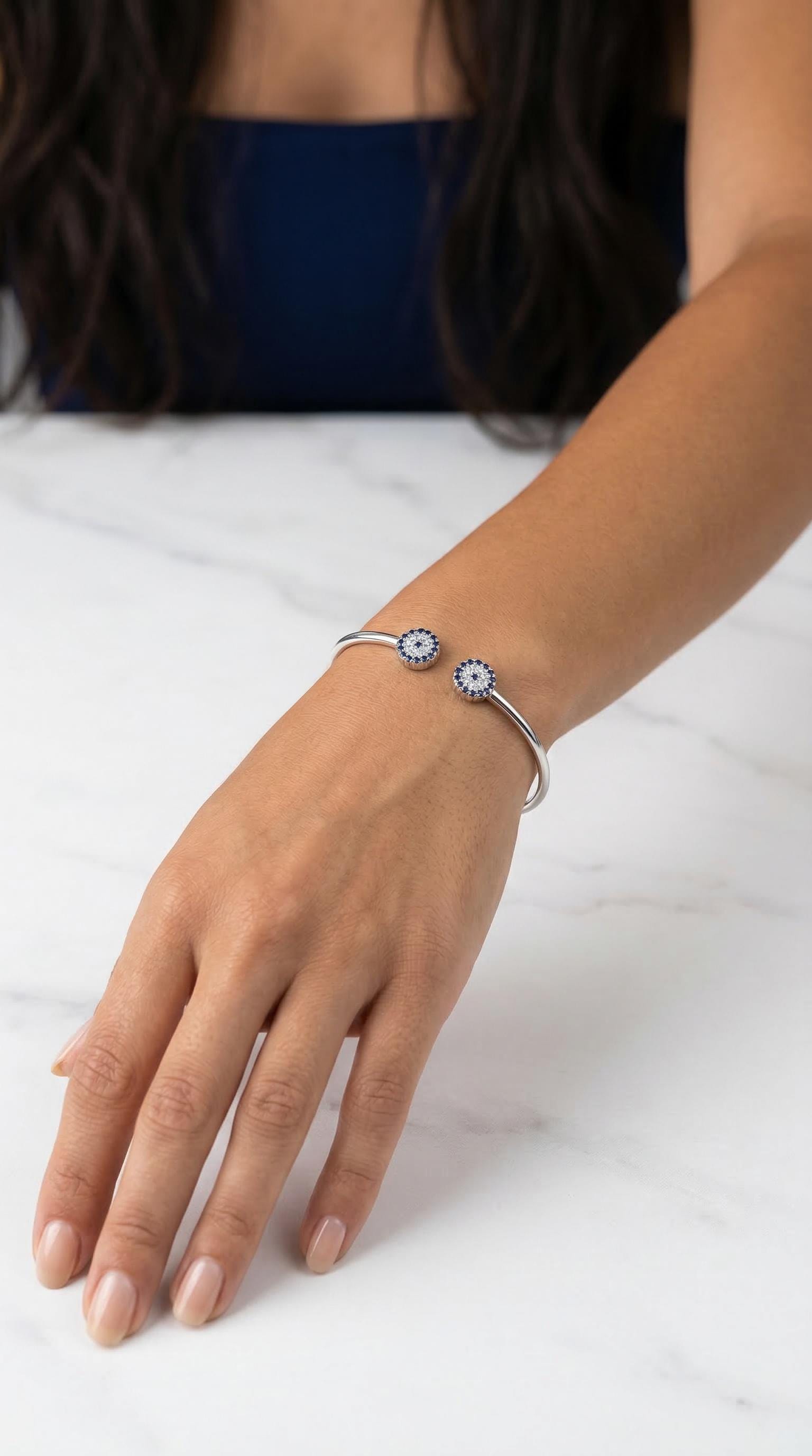 Evil Eye Bracelet – Silver Bangle with Blue Zirconia, Dainty Open Cuff for Protection