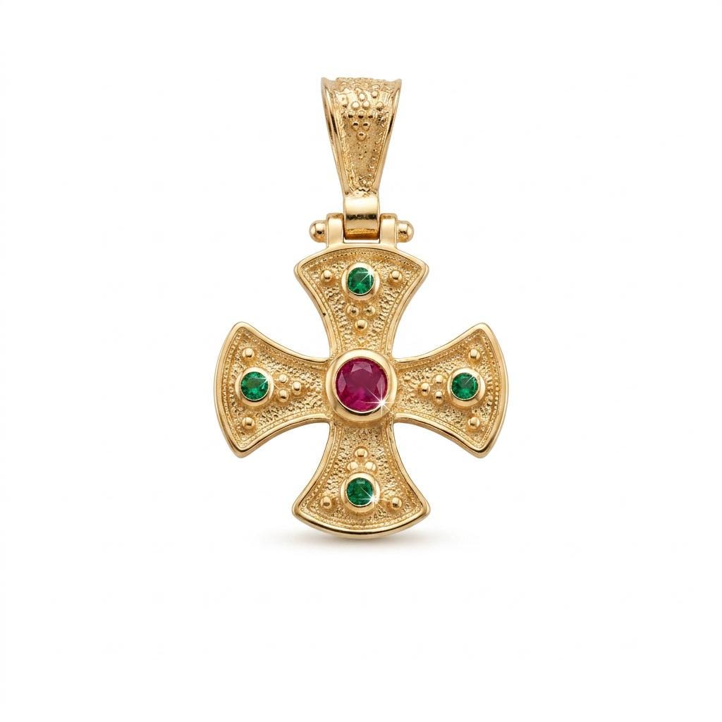 Gold Plated Cross Pendant – Byzantine Red Green Gemstone Antique Greek Charm
