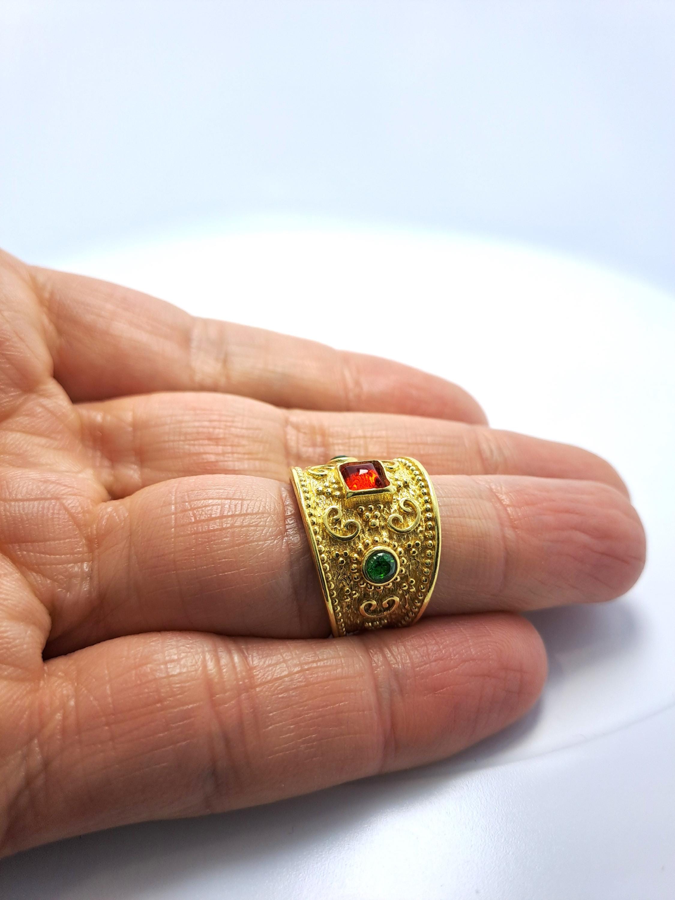 Byzantine Filigree Ring – Gold Tone Adjustable Cuff With Red & Green Zircon