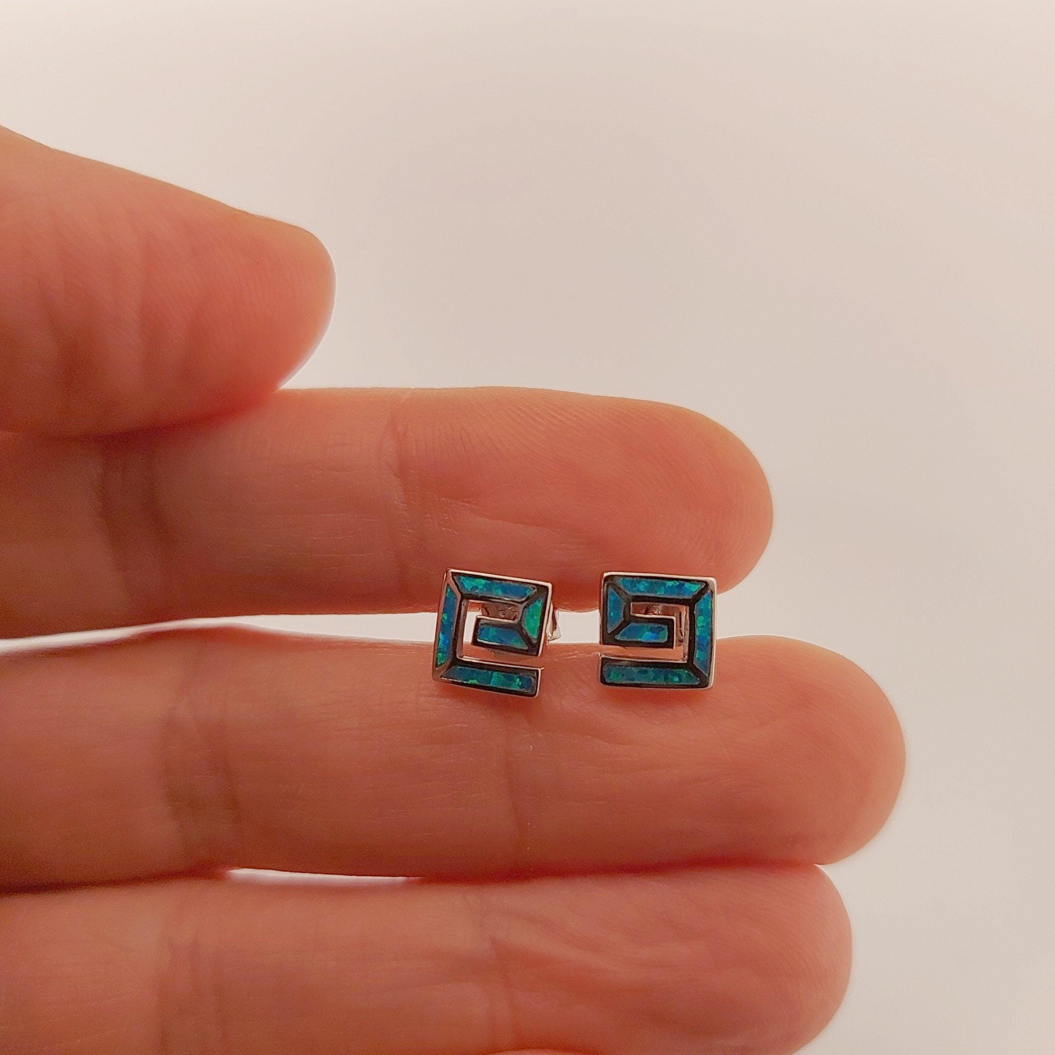 Blue Opal Greek Key Sterling Silver Stud Earrings