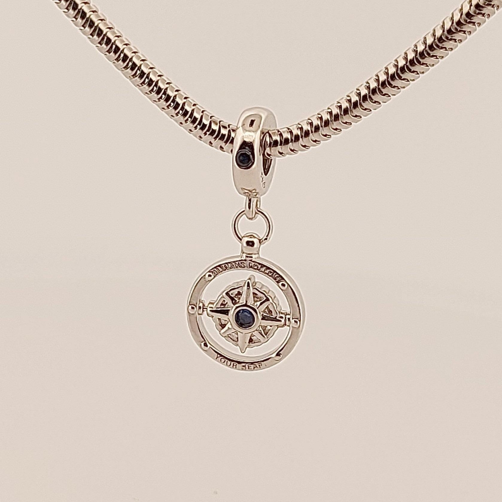 Sterling Silver Compass Charm: Blue Crystal Dangle Bead, Greek Design