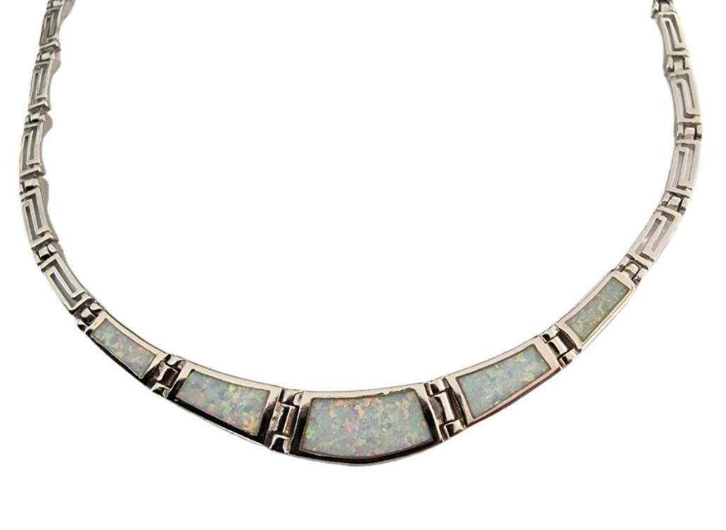 White Opal Greek Key Necklace, Sterling Silver Meander Design