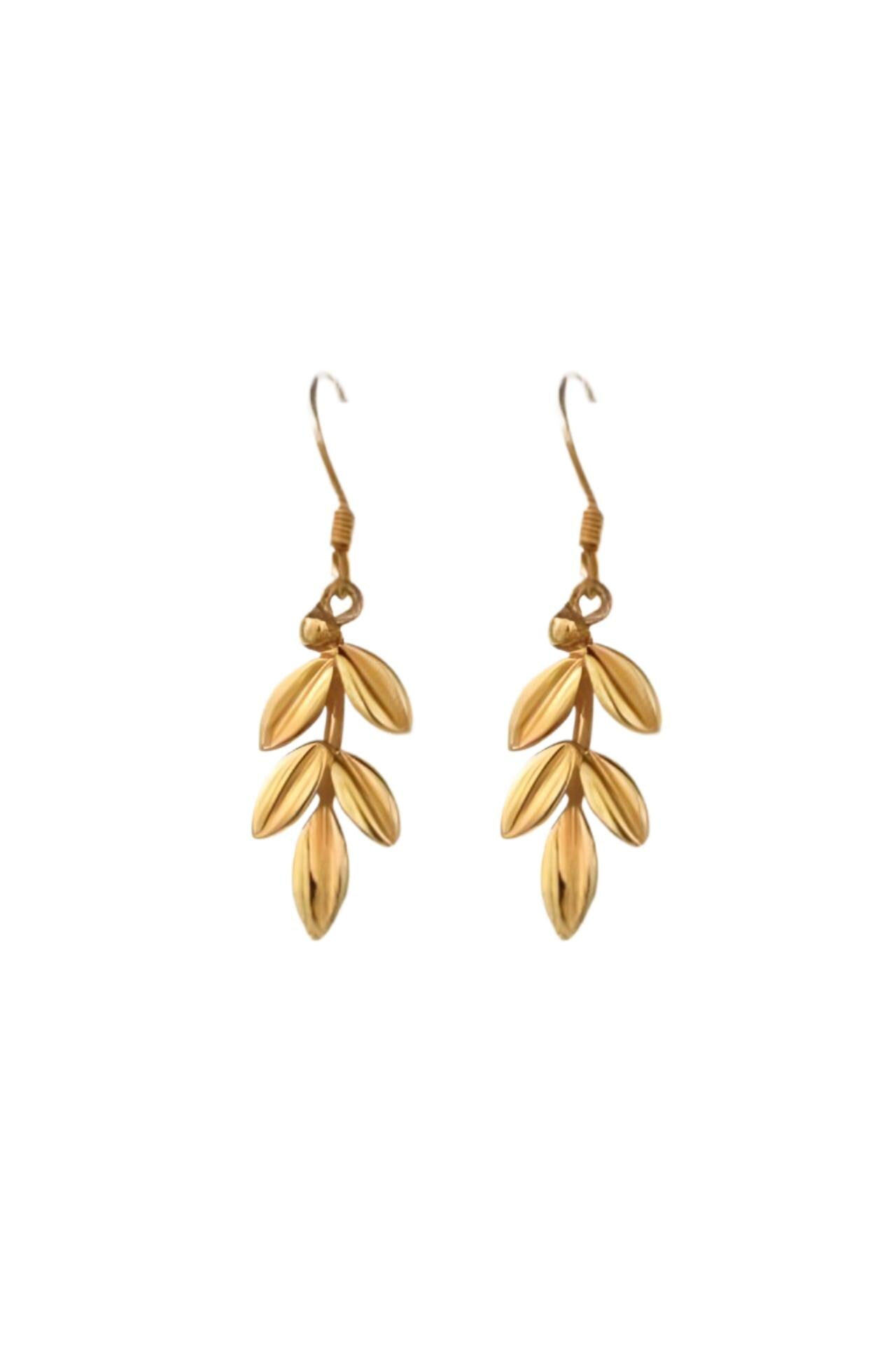 Olive Leaf Dangle Earrings, Gold Plated Greek Design, Ancient Style