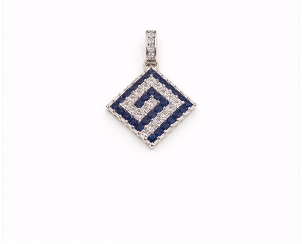 Greek Key Pendant - Silver Meander Design Charm With Blue Zirconia Stones
