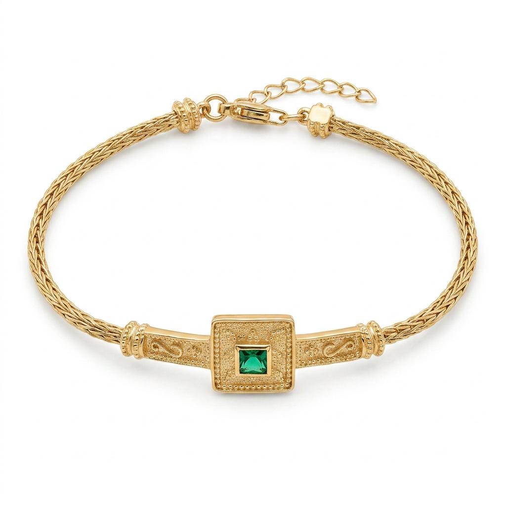 Byzantine Bracelet – Gold Plated Chain Sterling Silver Jewelry With Green Gemstone