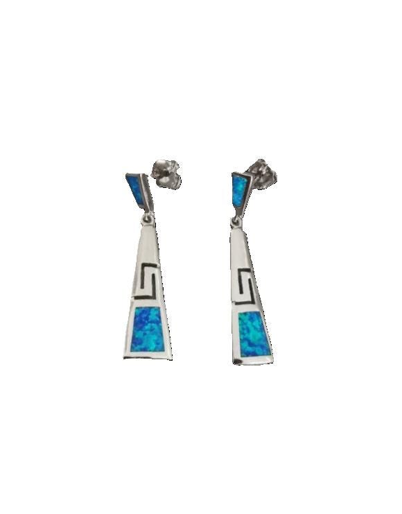Sterling Silver Blue Opal Dangle Earrings: Greek Key Design