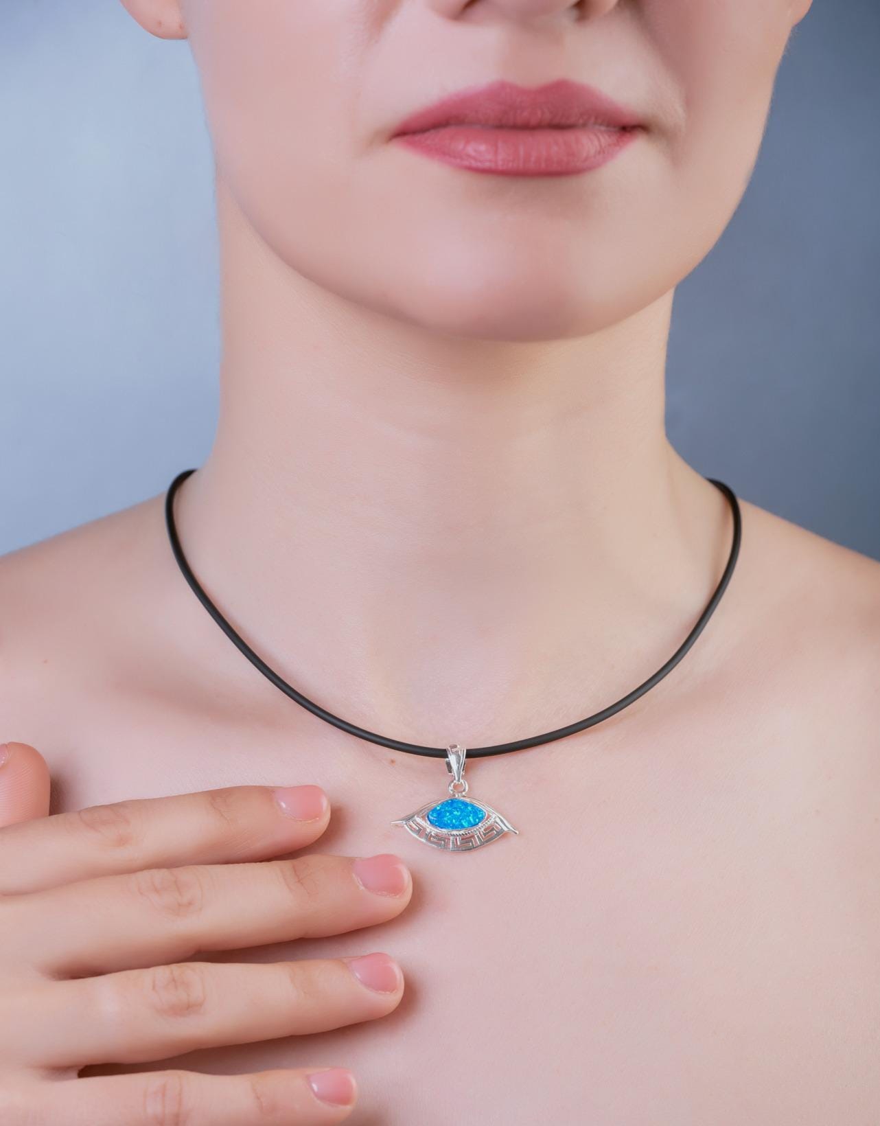 Sterling Silver Blue Opal Eye Pendant, Greek Key Meander Design, Charm