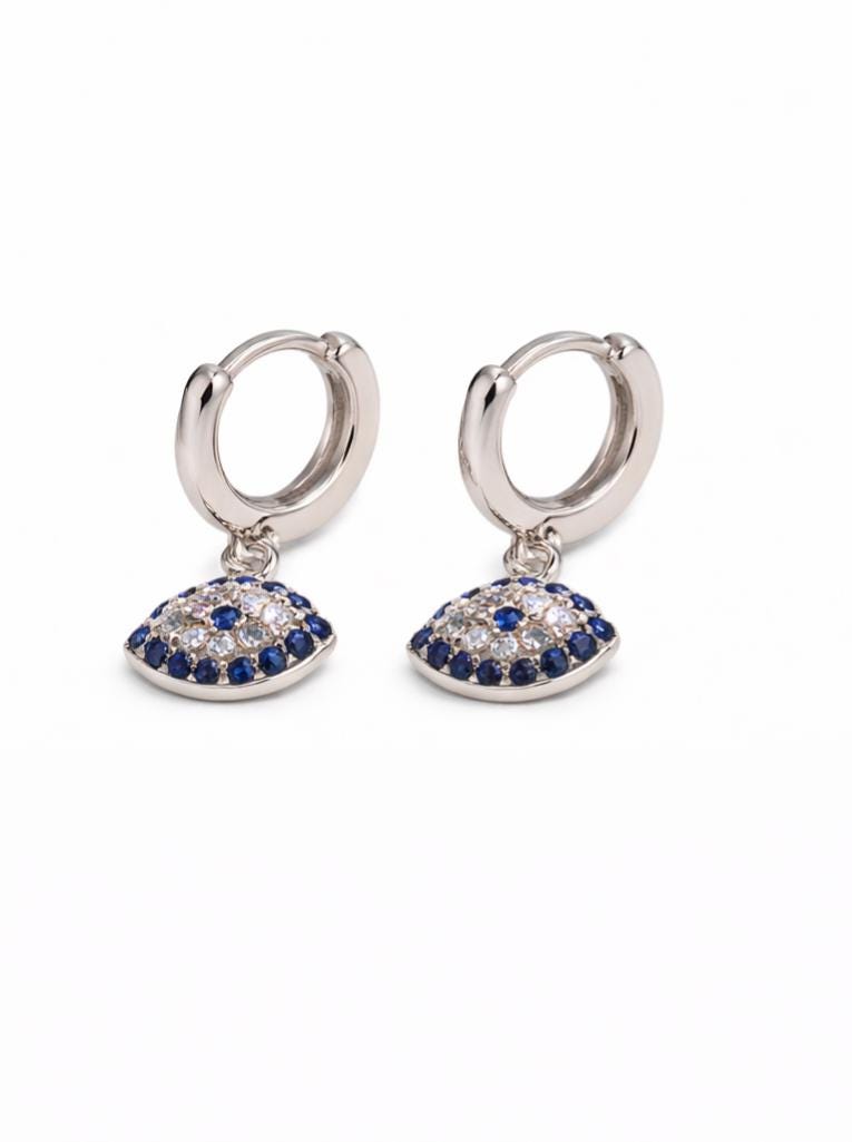Evil Eye Hoop Earrings Sterling Silver Huggie With Blue Zirconia Charm