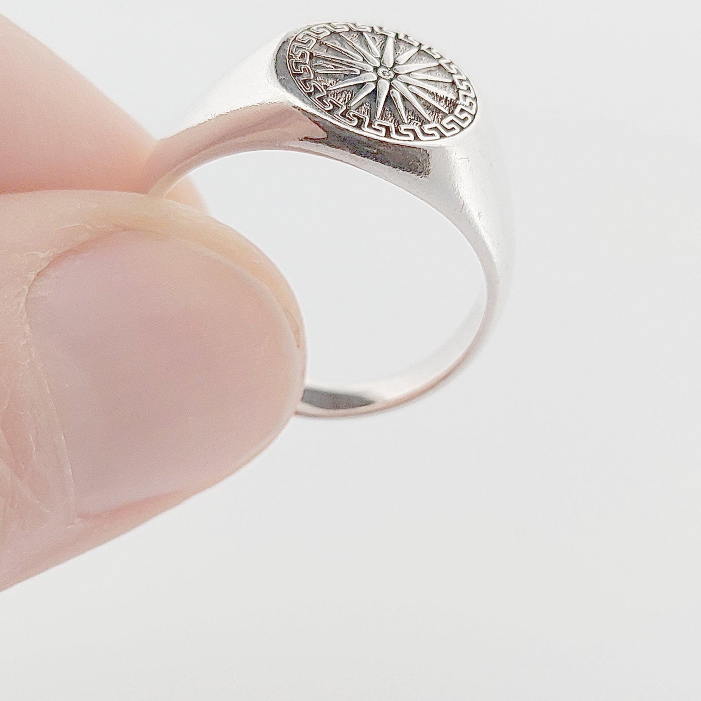 Sterling Silver Macedonian Star Signet Ring, Greek Key Pattern