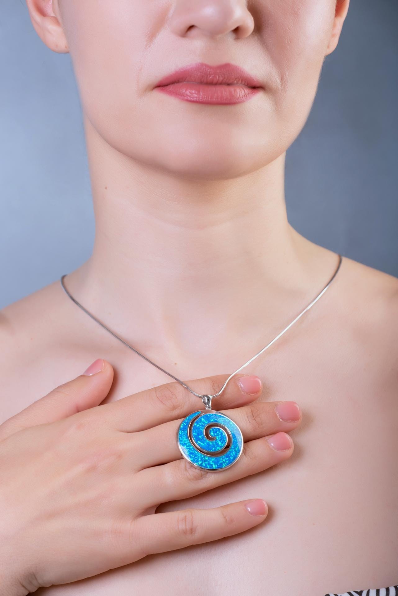 Blue Opal Sterling Silver Pendant: Greek Key Spiral Design
