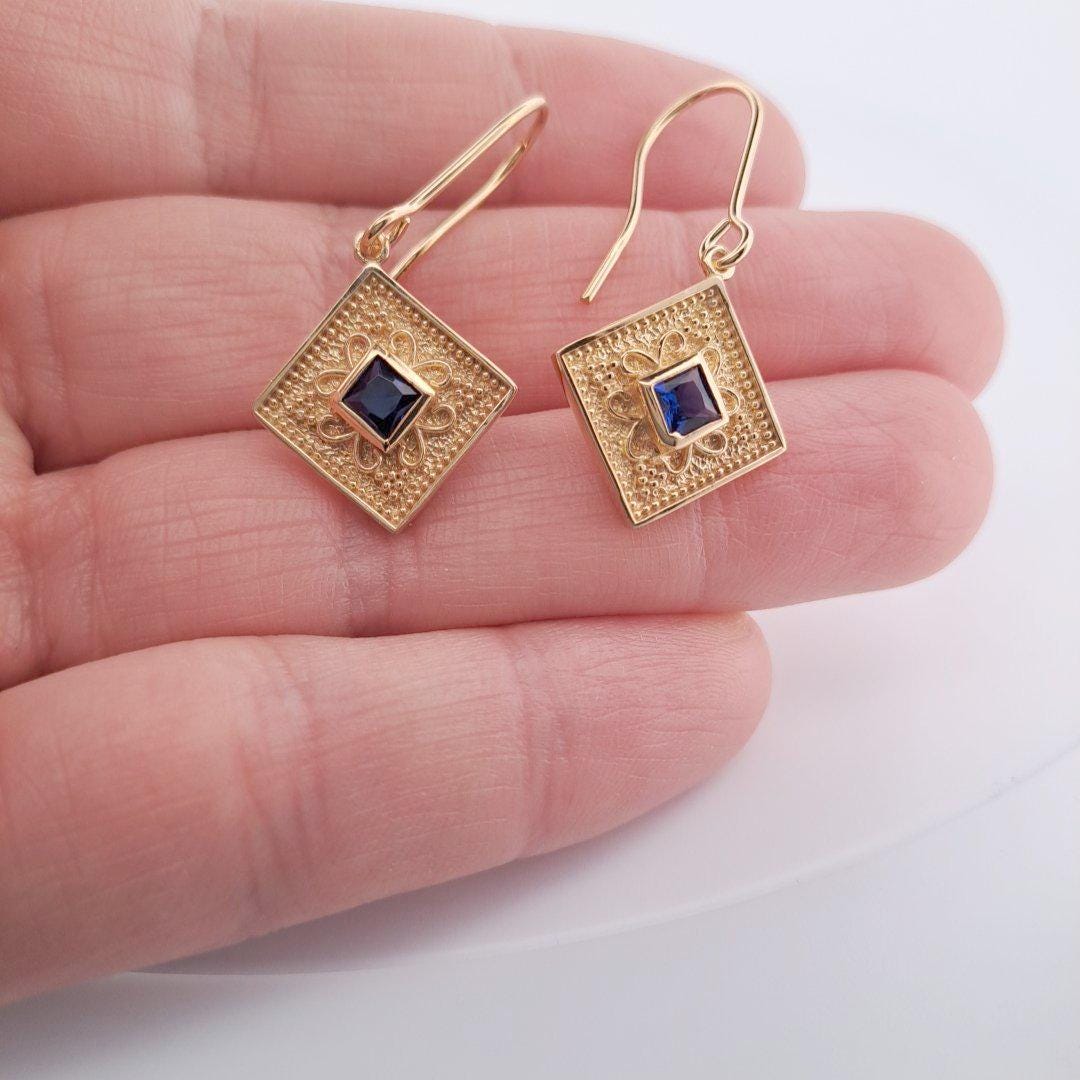 Gold Plated Earrings – Byzantine Style Textured Drop with Square Cut Gemstone
