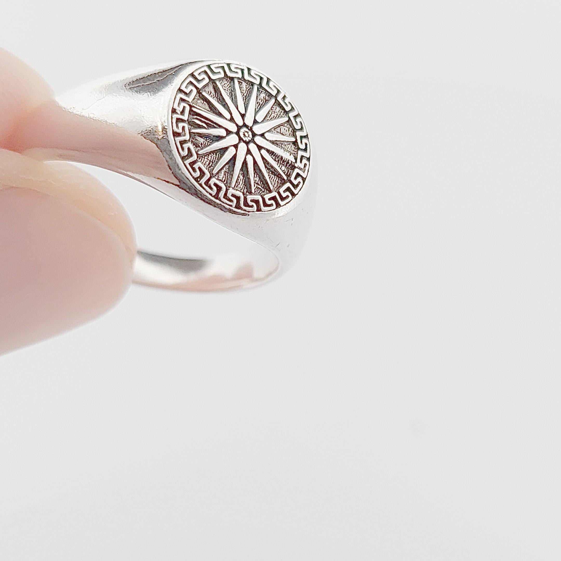 Sterling Silver Macedonian Star Signet Ring, Greek Key Pattern