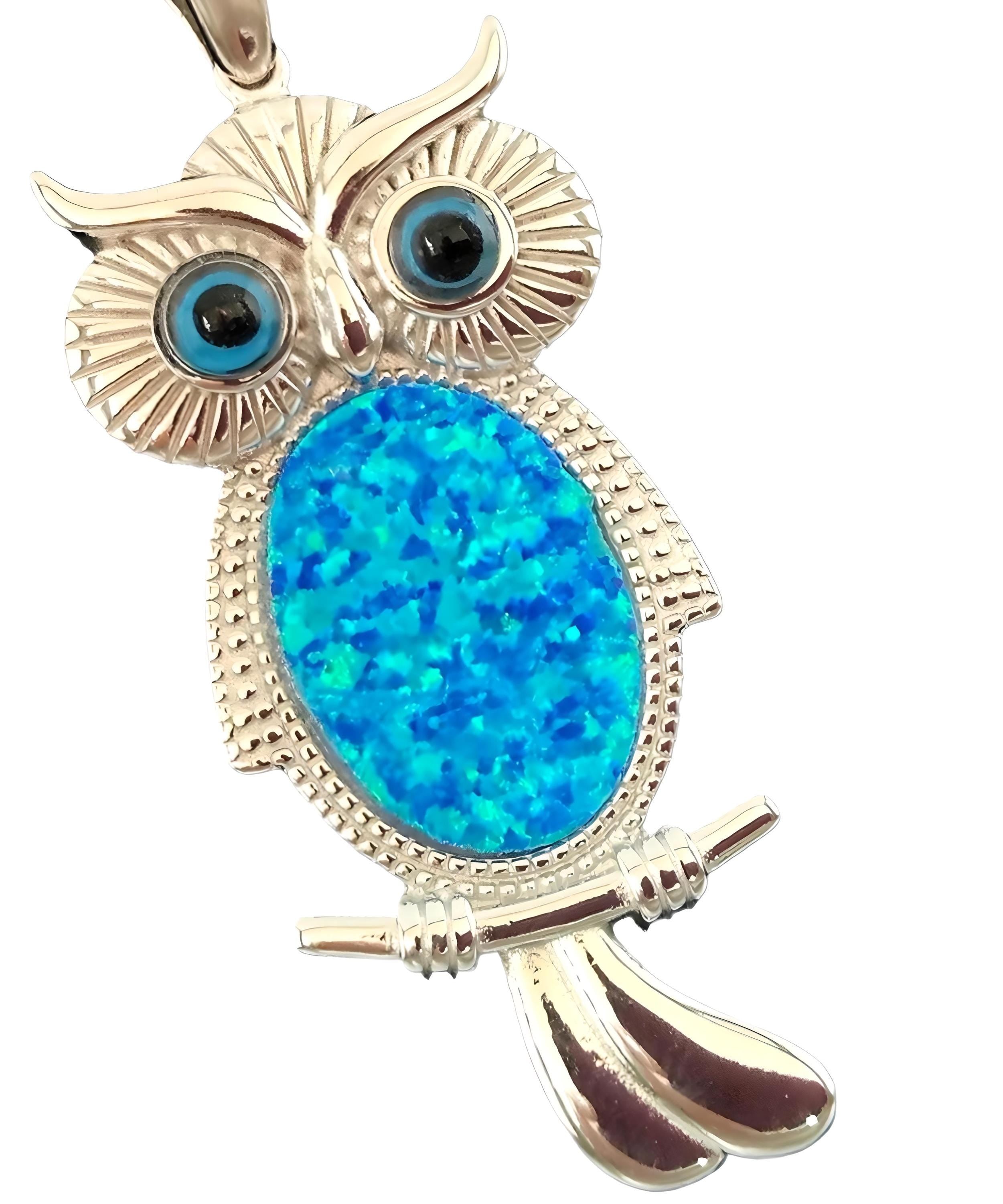 Sterling Silver 925 Owl Pendant with Blue Opal Inlay