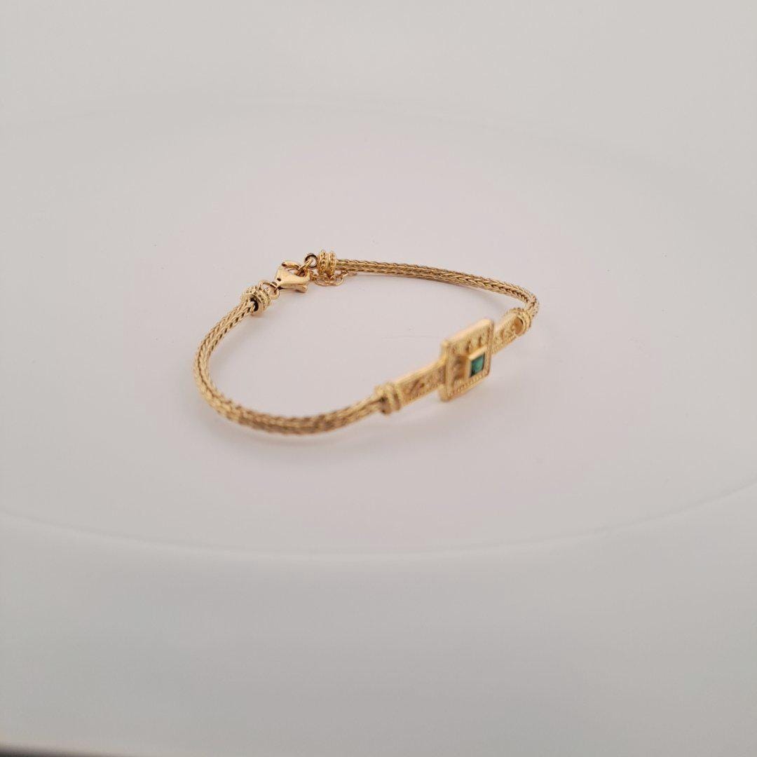 Byzantine Bracelet – Gold Plated Chain Sterling Silver Jewelry With Green Gemstone
