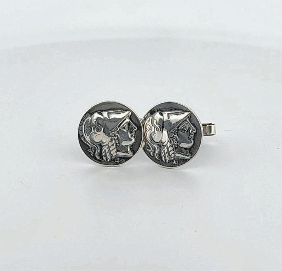 Sterling Silver 925 Ancient Greek Athena Coin Cufflinks, Round, Men's