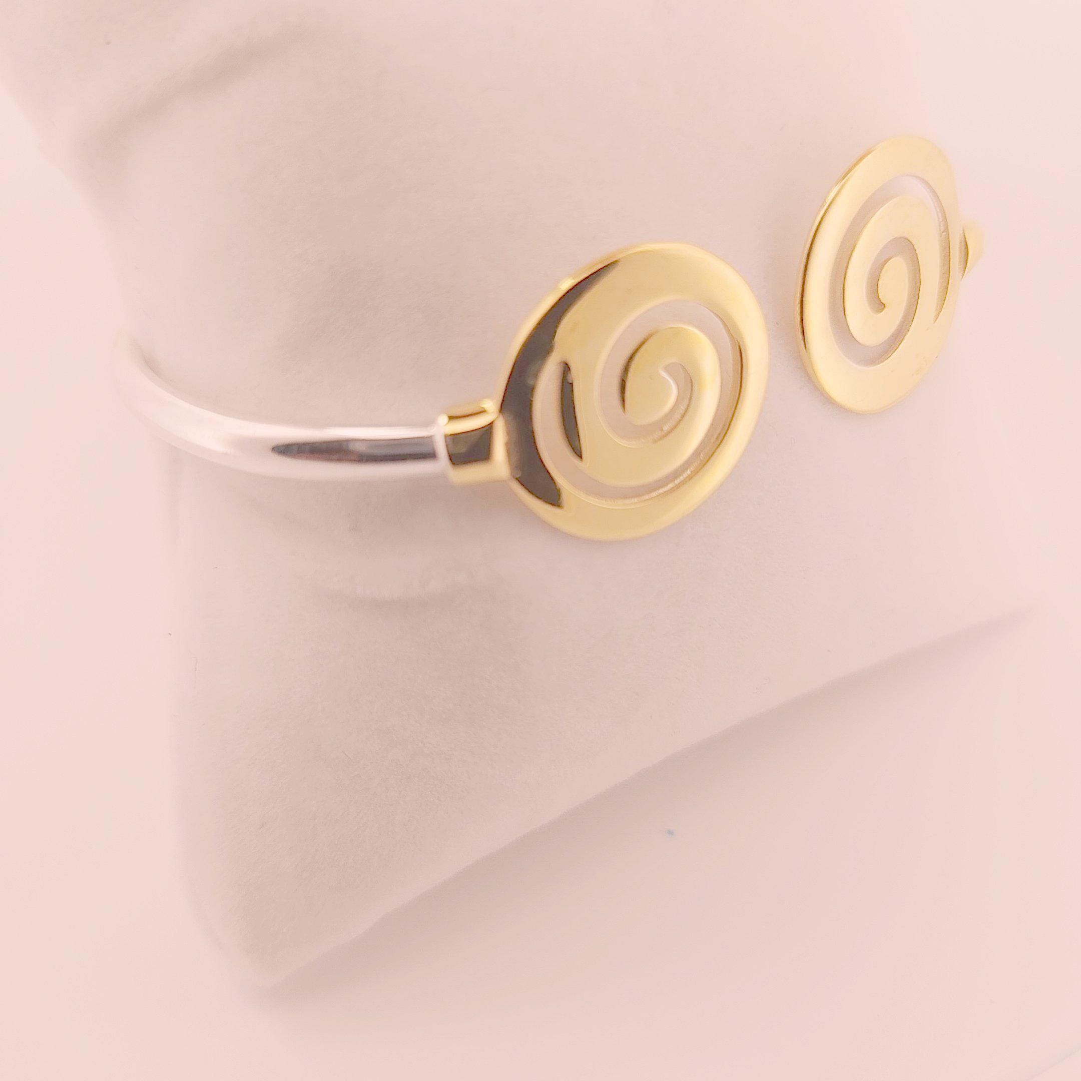 Gold Plated Spiral Bangle Bracelet: Greek Key Meander Design