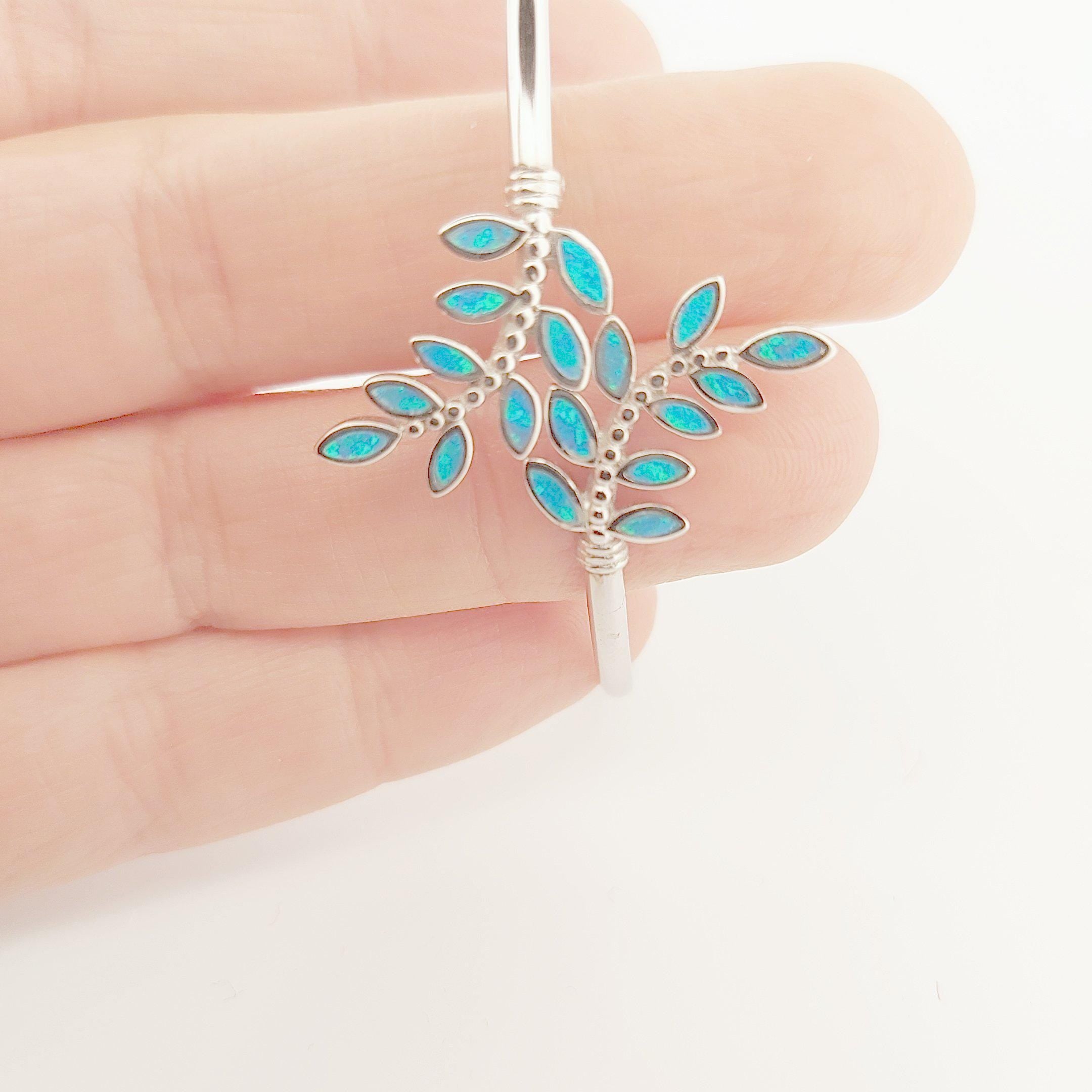 Blue Opal Olive Tree Branch Leaf Bracelet, 925 Sterling Silver, Greek Jewelry Design