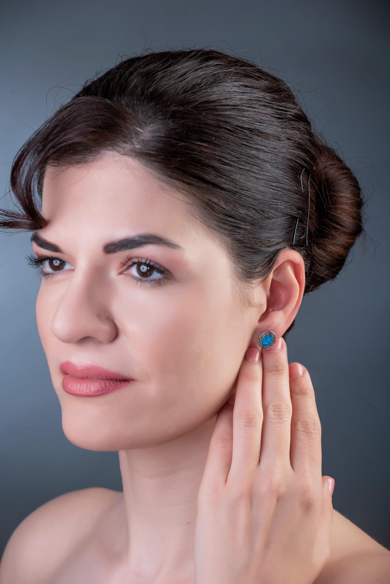 Sterling Silver Blue Opal Stud Earrings: Greek Key Design