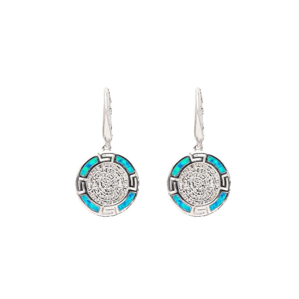 Blue Opal Phaistos Disc Earrings: Sterling Silver Greek Meander Dangle