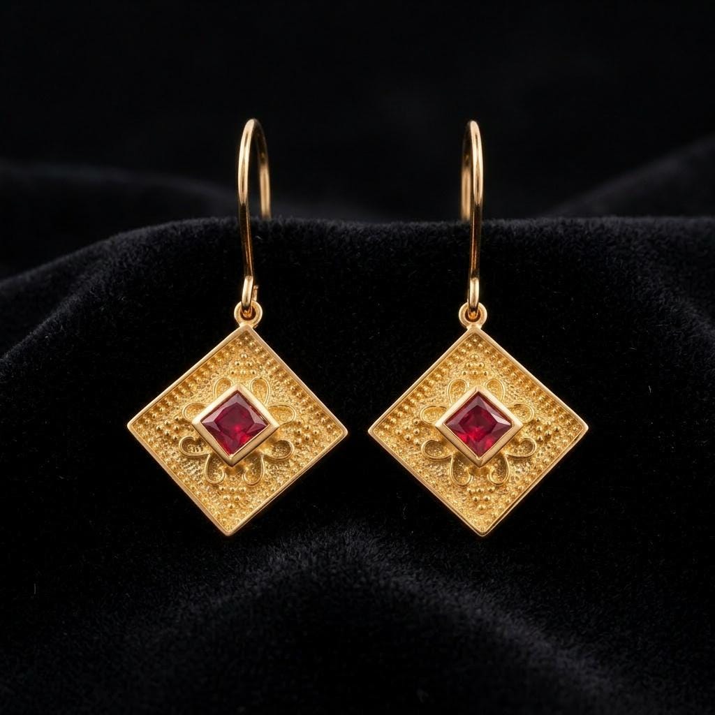 Gold Plated Earrings – Byzantine Style Textured Drop with Square Cut Gemstone