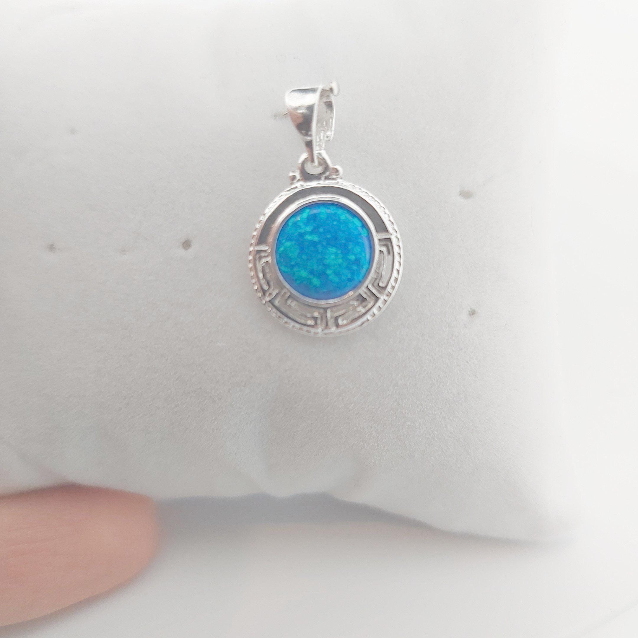 Blue Opal Silver Pendant: Greek Key Necklace
