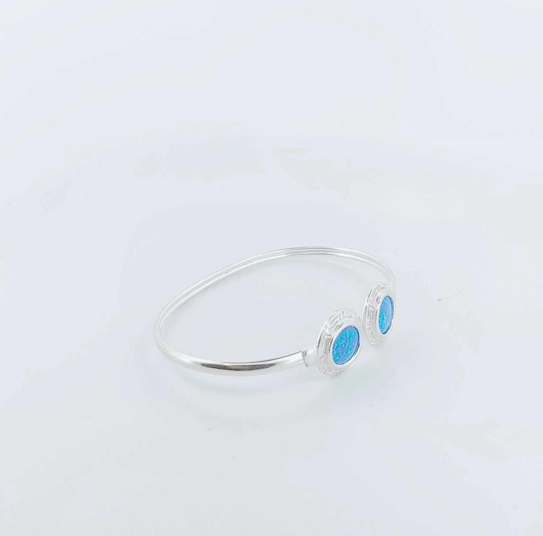 Blue Opal Silver Bangle Bracelet with Greek Key Design, Greek-Inspired Design