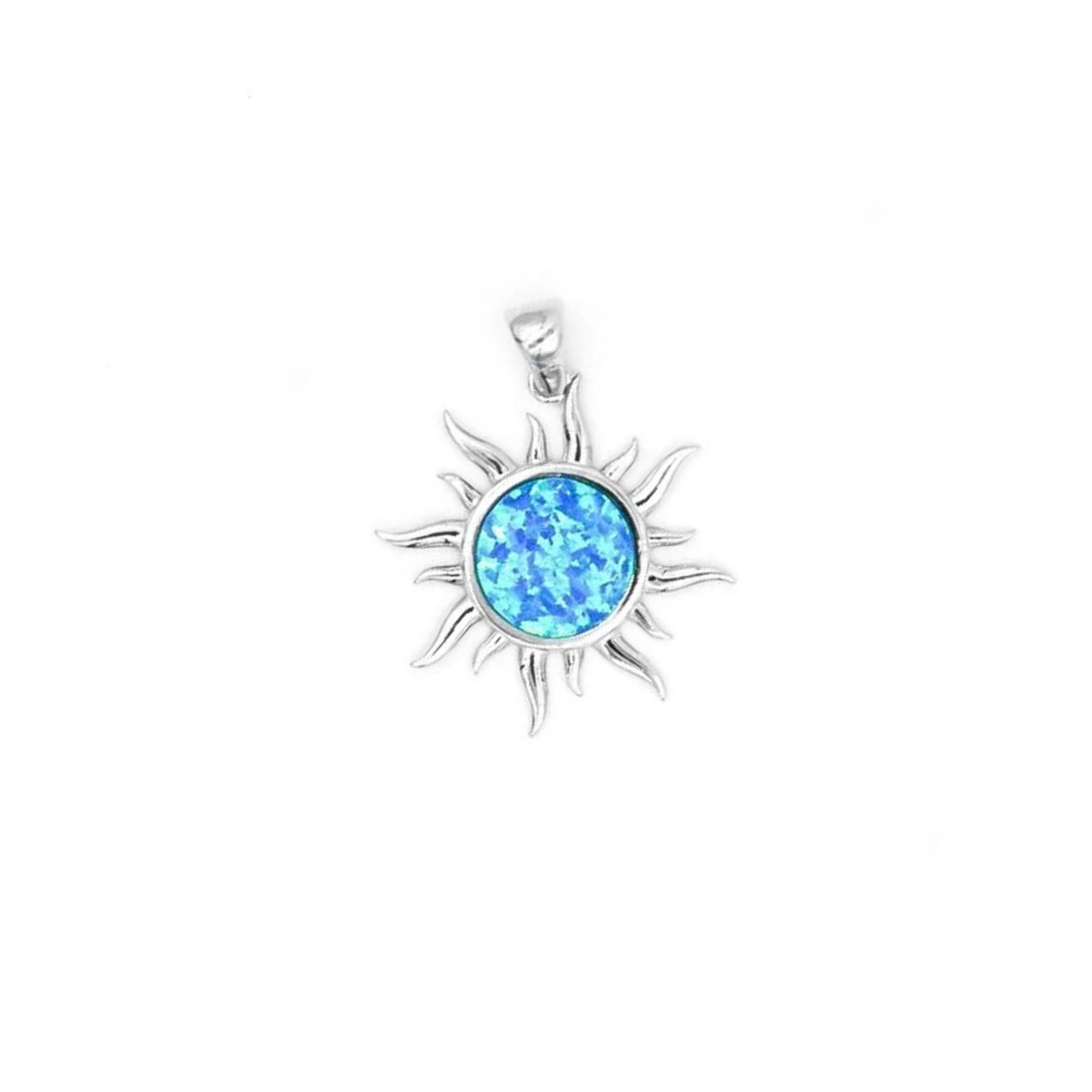 Blue Opal Sun Pendant: Sterling Silver Celestial Necklace