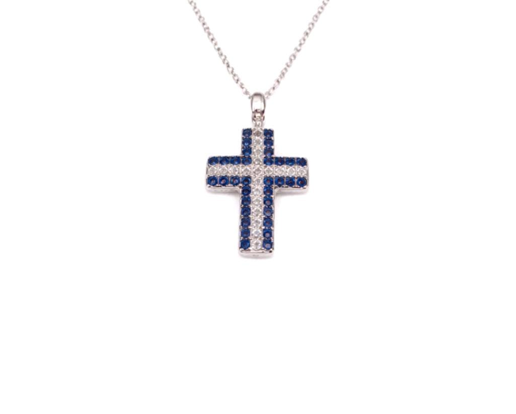 Cross Pendant Necklace – Silver Charm with Blue Zirconia & Clear Stones, Elegant Design