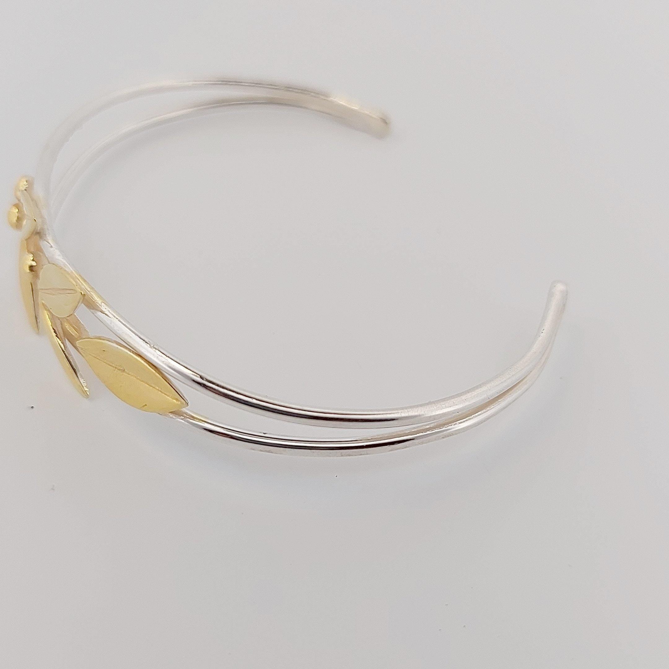 Olive Leaves Bracelet, Silver Dual-Band Cuff with Gold Plated Greek Design, Elegant Leaf Motif